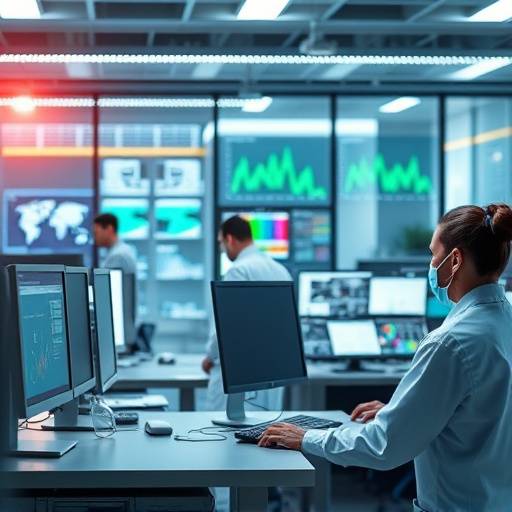 A modern research lab with computers and researchers analyzing data on screens.